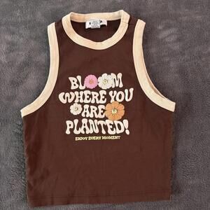 RSQ Brown Graphic Tank Top with Flower Print Size Medium